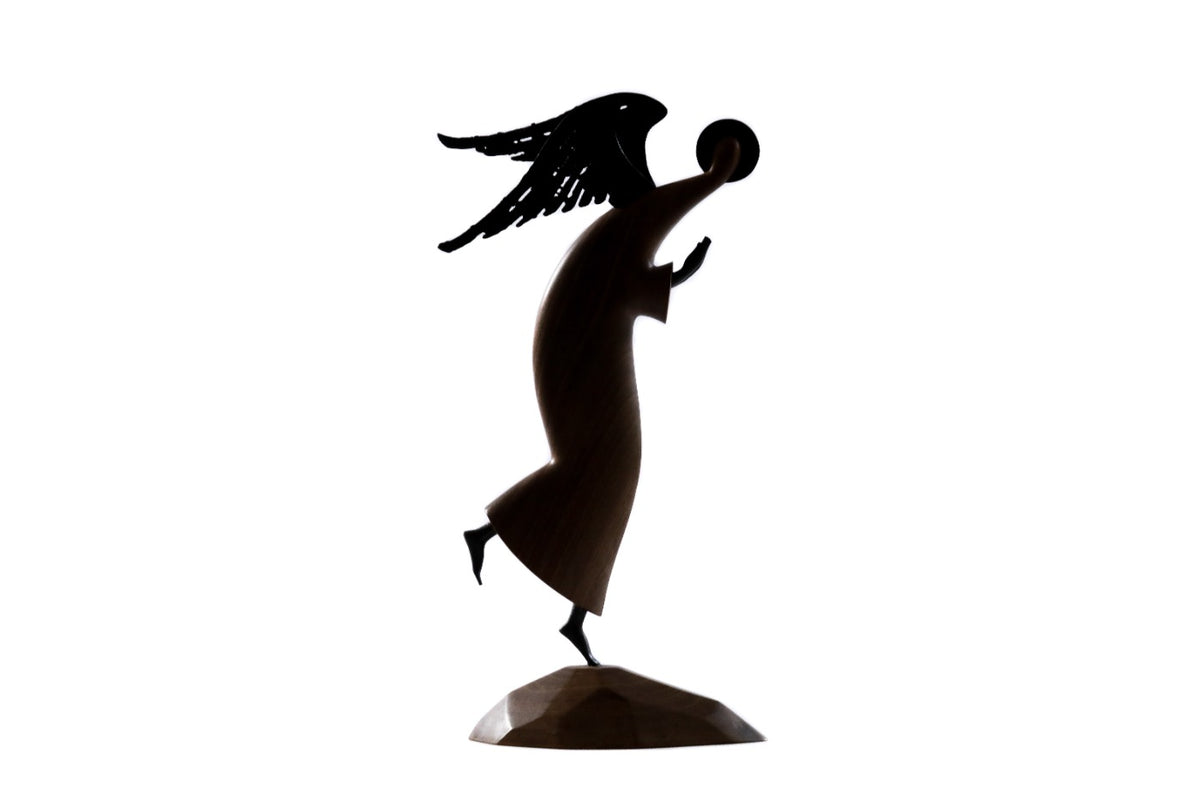 Hand-carved walnut angel sculpture, 11" / 28 cm — full view
