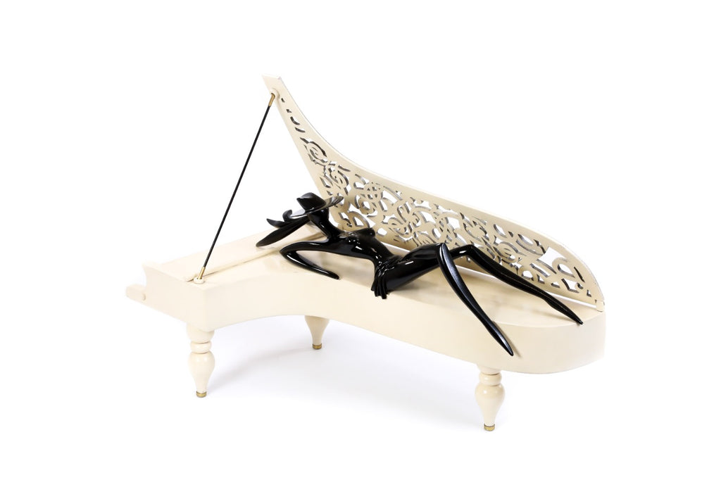Wooden Lady of the Piano sculpture hand carved from linden wood — detail view