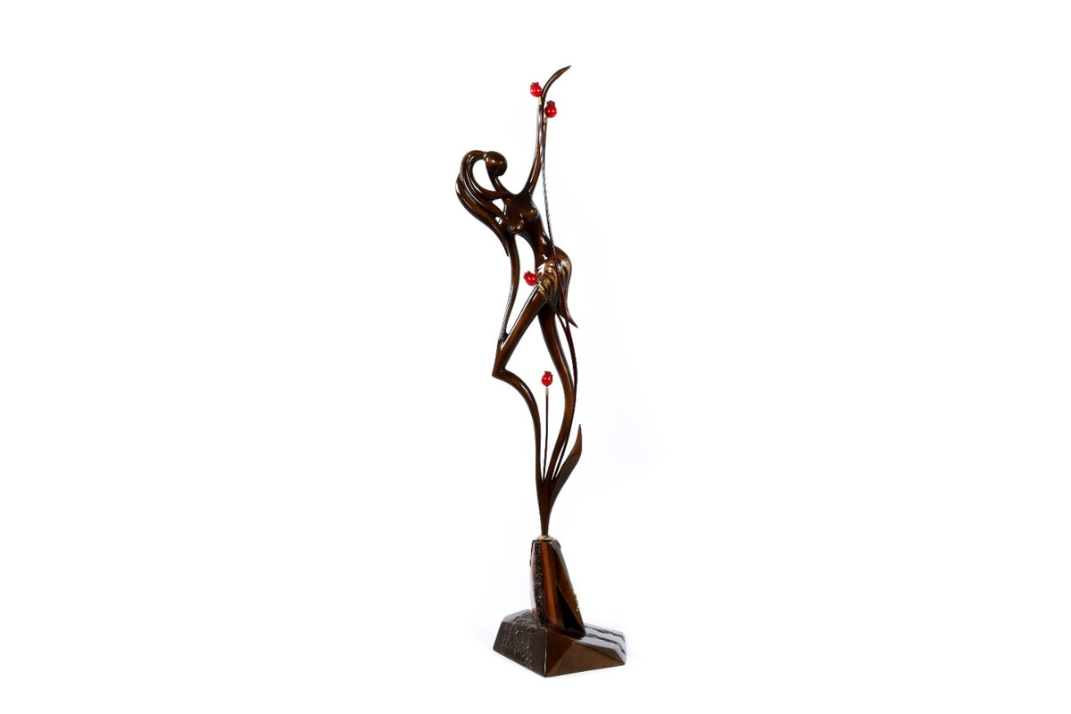 Hand-carved Armenian Girl with Pomegranates sculpture, 28.3" / 72 cm, by Hrachya Ohanyan