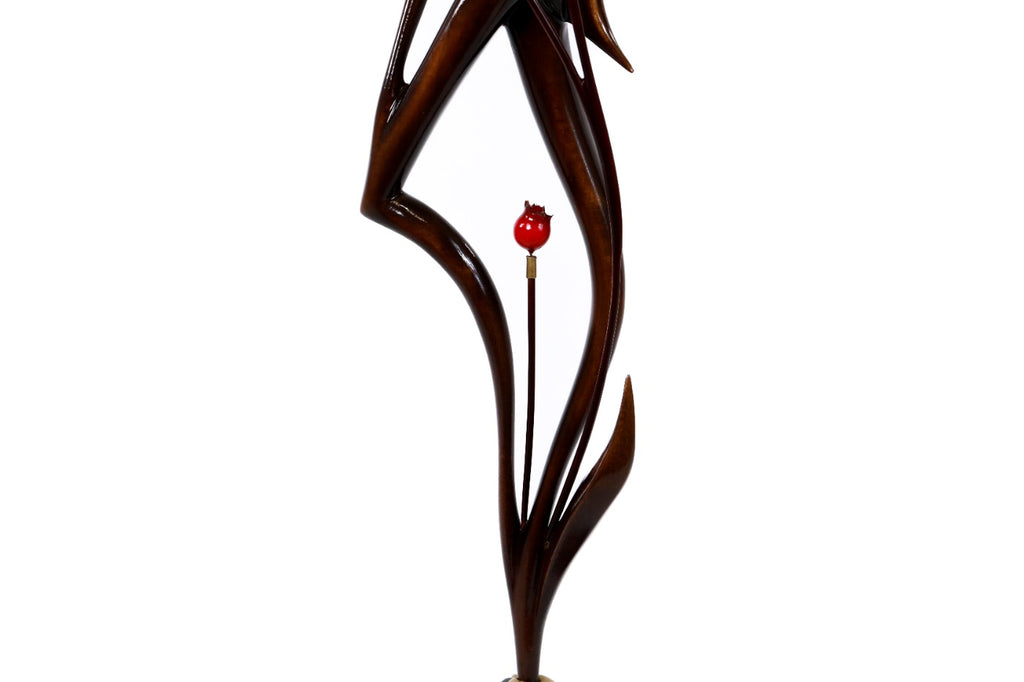 Wooden Girl with Pomegranates sculpture, natural linden grain detail