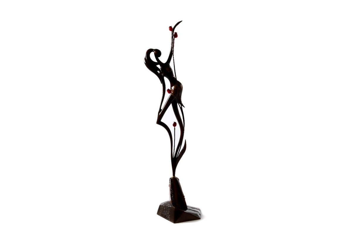 Girl with Pomegranates wooden sculpture, 28.3" / 72 cm — full view