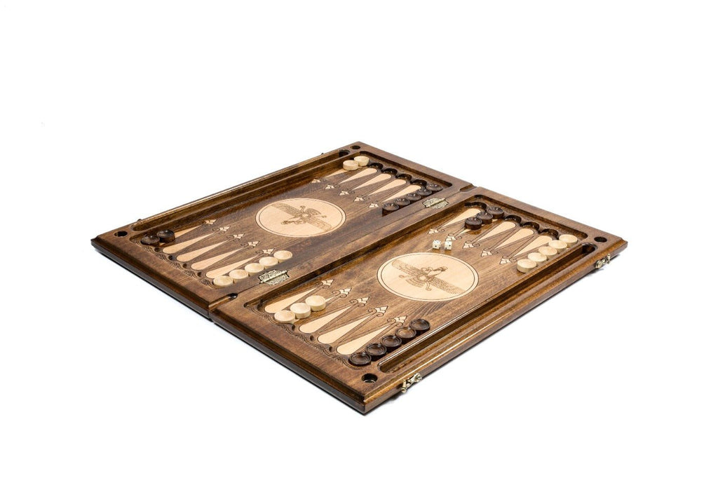 Premium handcrafted wooden backgammon board cultural logo artwork