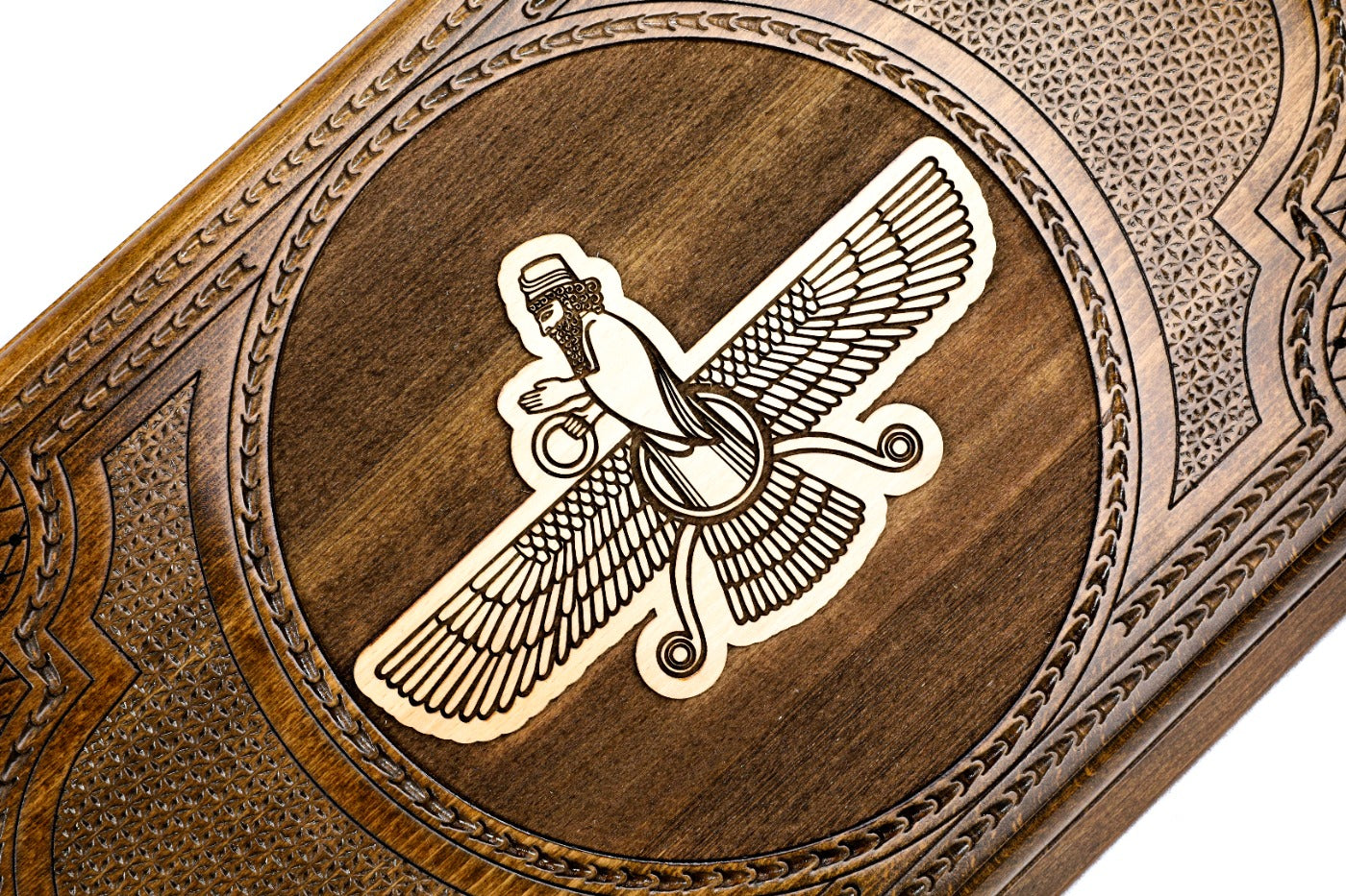 Luxury backgammon board with Assyrian inspired artistic wooden detail