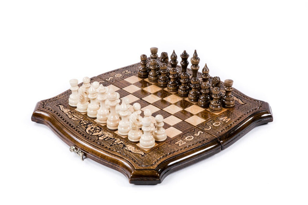 Wooden chess set with engraved Moscow skyline and contour outline board — by Hrachya Ohanyan