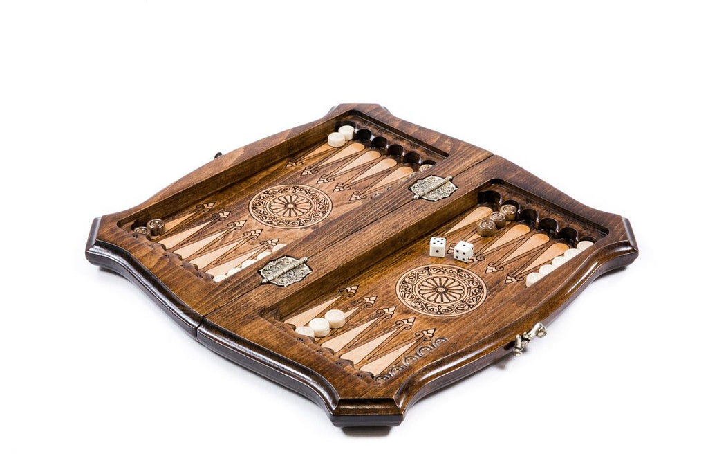 Solid beech wood chess and backgammon board with carved Moscow skyline and contour shaped edges
