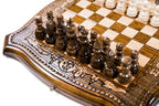 Carved Moscow chess and backgammon set - chess pieces set up for play