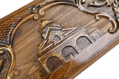 Handcrafted backgammon set with Armenian church architectural detailing