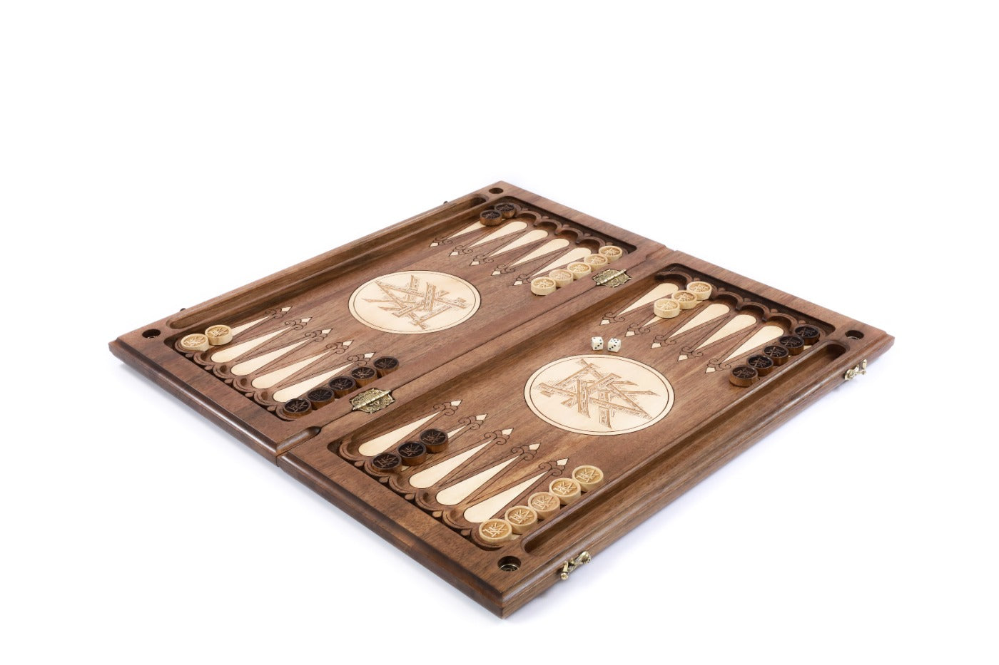 A close-up of the intricate wood inlay work, showcasing the precision and different wood textures used in the design.