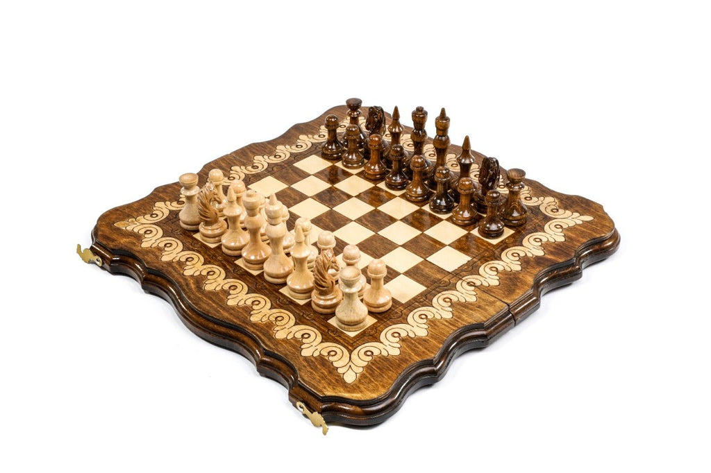 Compact ornamental chess and backgammon set with carved design 15.7 inch
