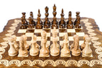 Small handcrafted chess set with elegant pattern design and backgammon board 