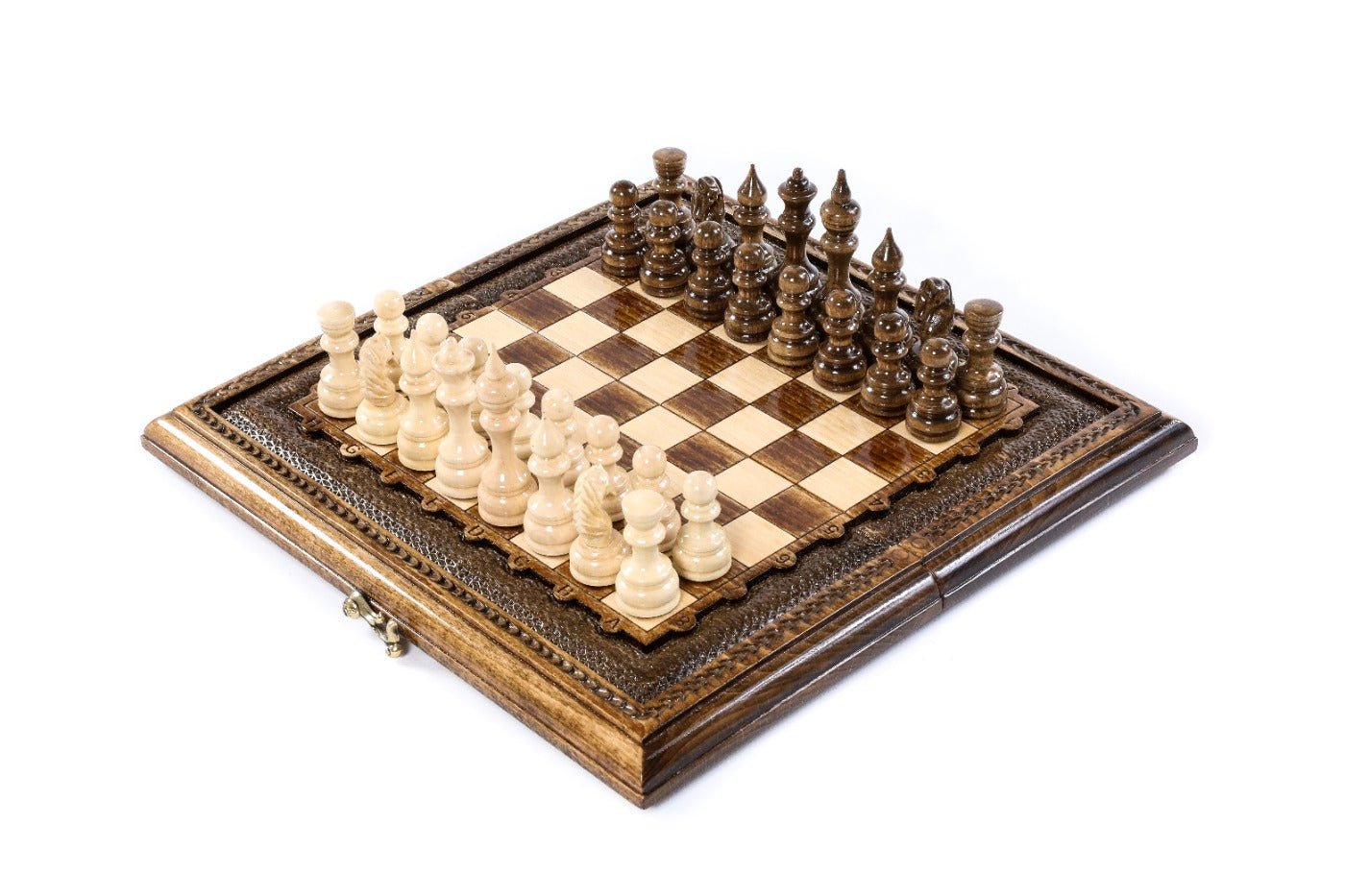 Compact wooden chess set and backgammon board 11.8 inch beech wood classic design