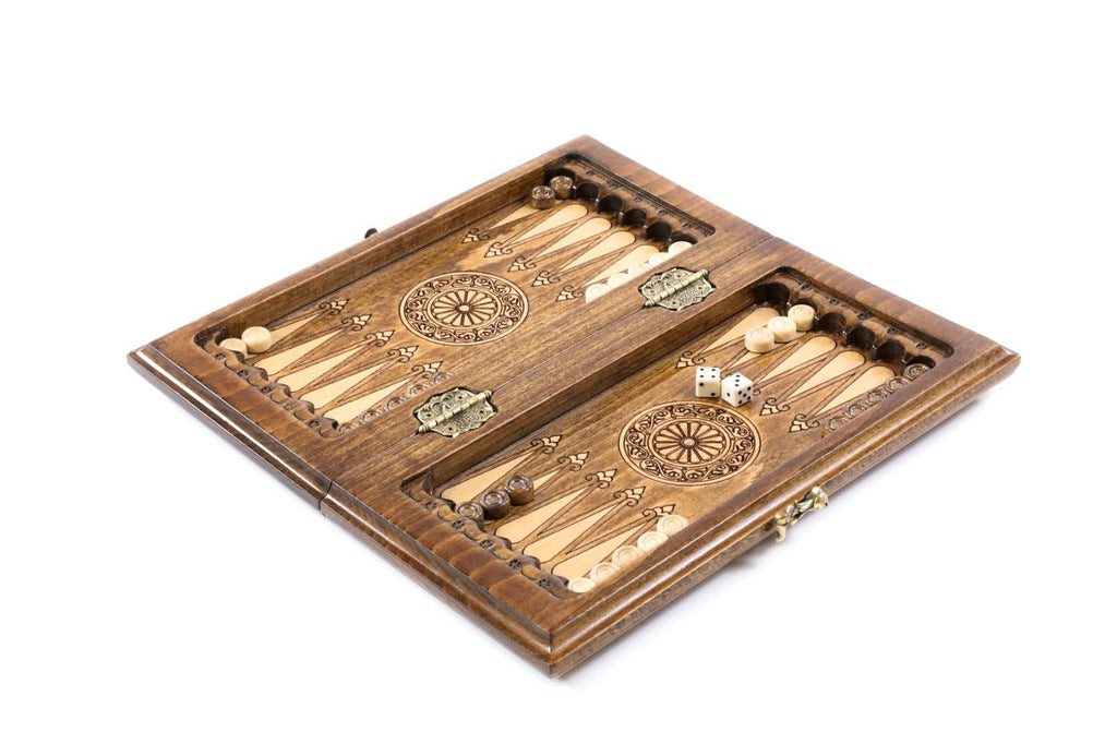 Wooden chess and backgammon classic compact set natural grain finish board