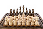 Carved Style chess and backgammon set - chess pieces set up for play