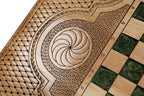 Pomegranate Tree Green Epoxy backgammon board - detail of the wood grain and finish