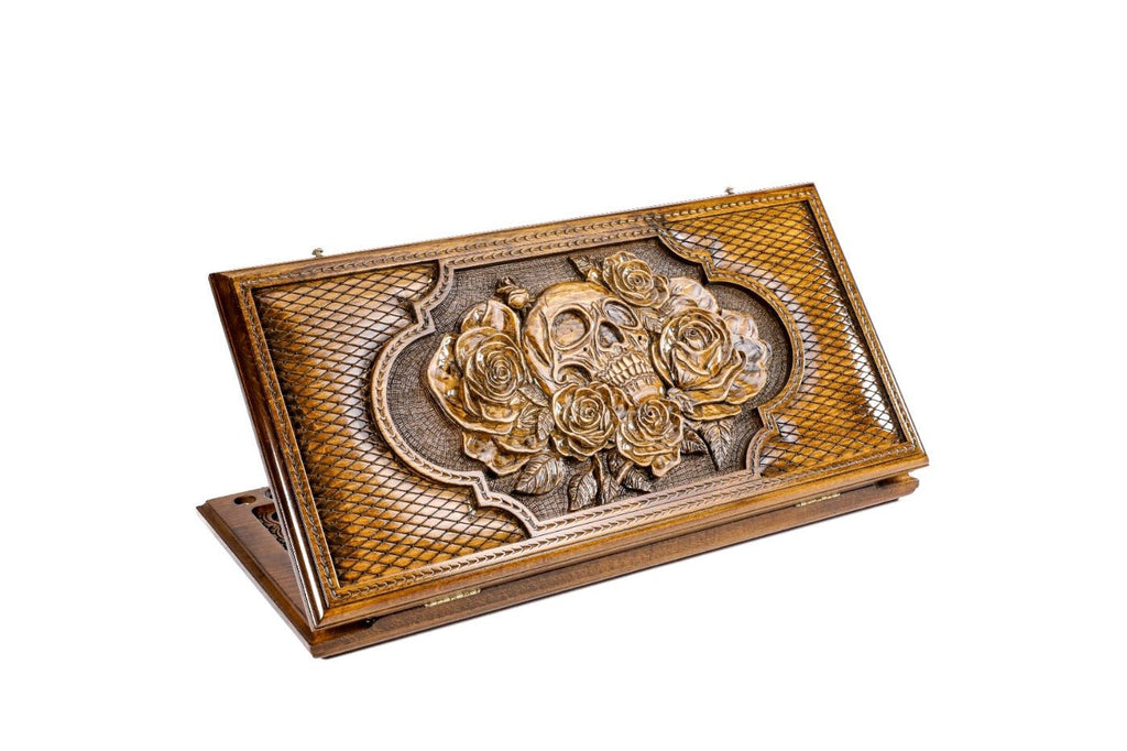 Skull and roses wooden backgammon board handcrafted classic design