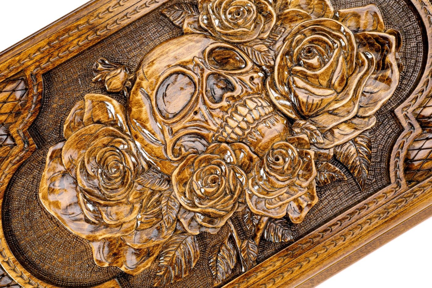 Luxury backgammon board with skull and floral artistic wooden detail