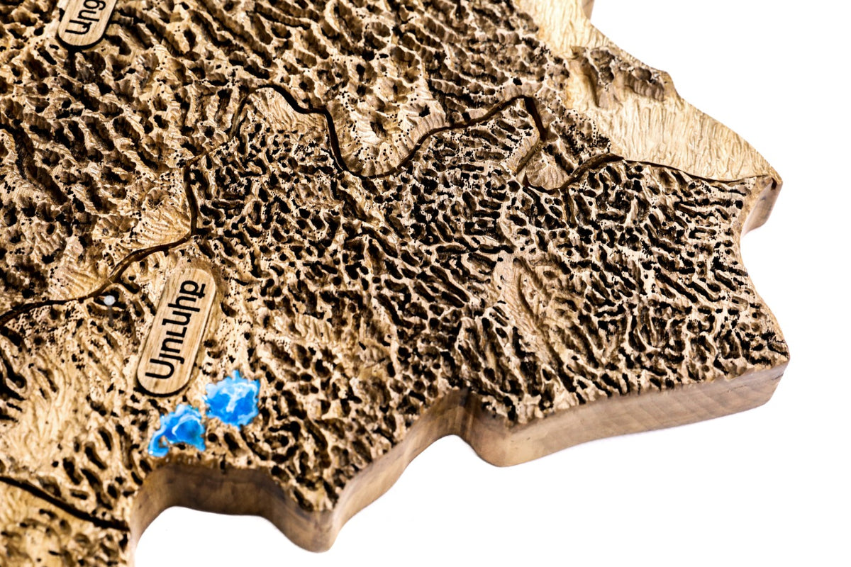 Map of Armenia and Artsakh in oak with epoxy — close-up