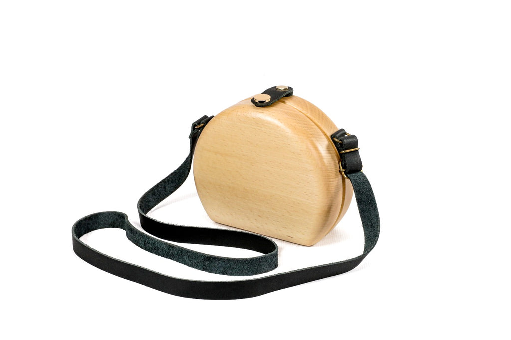 Handmade round wooden handbag in natural wood with leather strap, 6.7" / 17 cm, by Hrachya Ohanyan