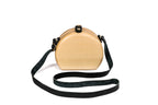 Round wooden handbag in natural wood, 6.7" / 17 cm — full view