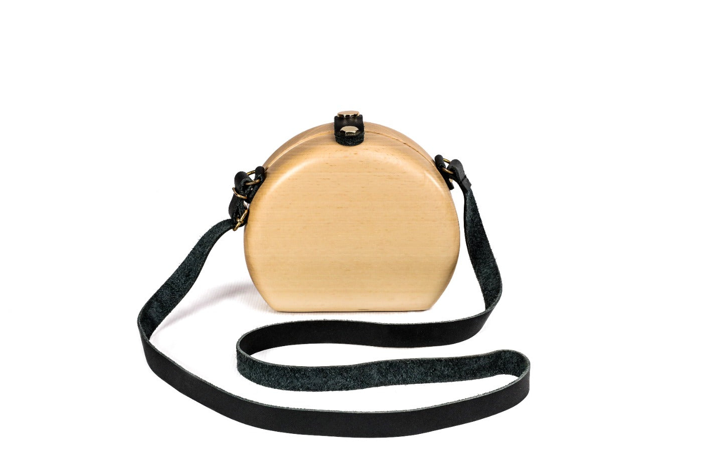 Round wooden handbag in natural wood, 6.7" / 17 cm — full view