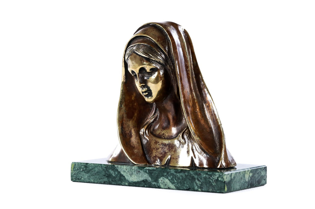 Handmade bronze Bust of Mary — close-up