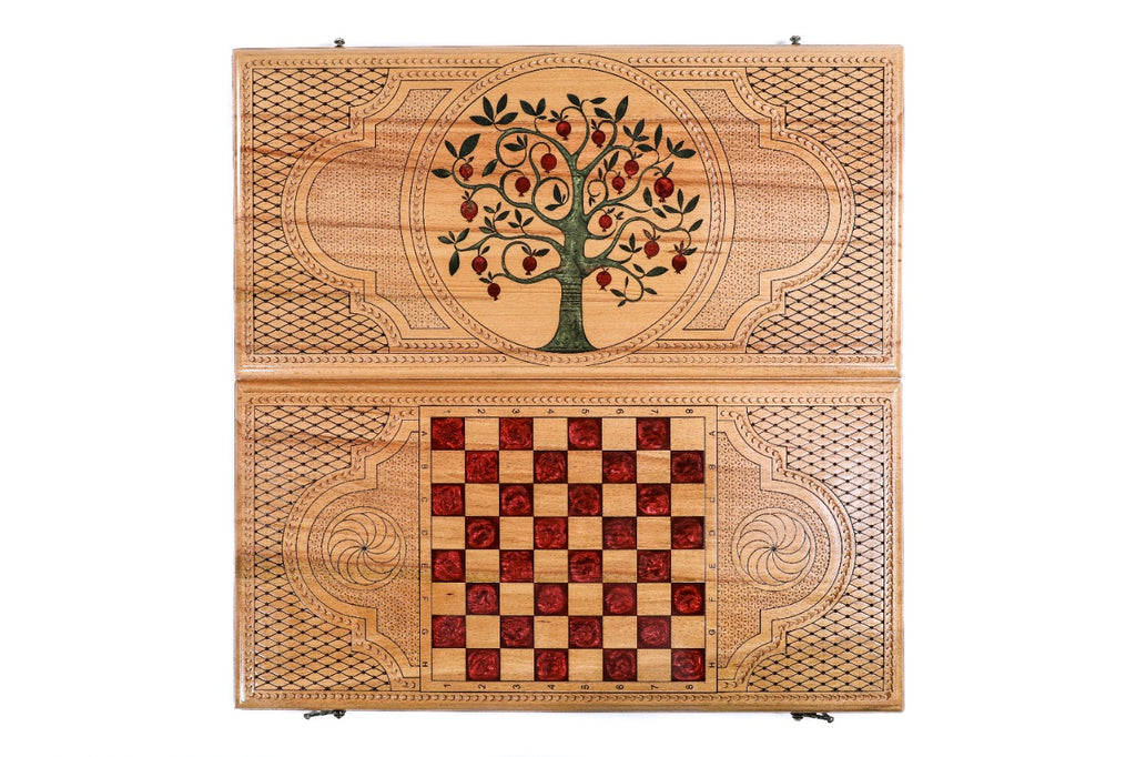 Backgammon Board - Pomegranate Tree & Red Epoxy Wooden Design