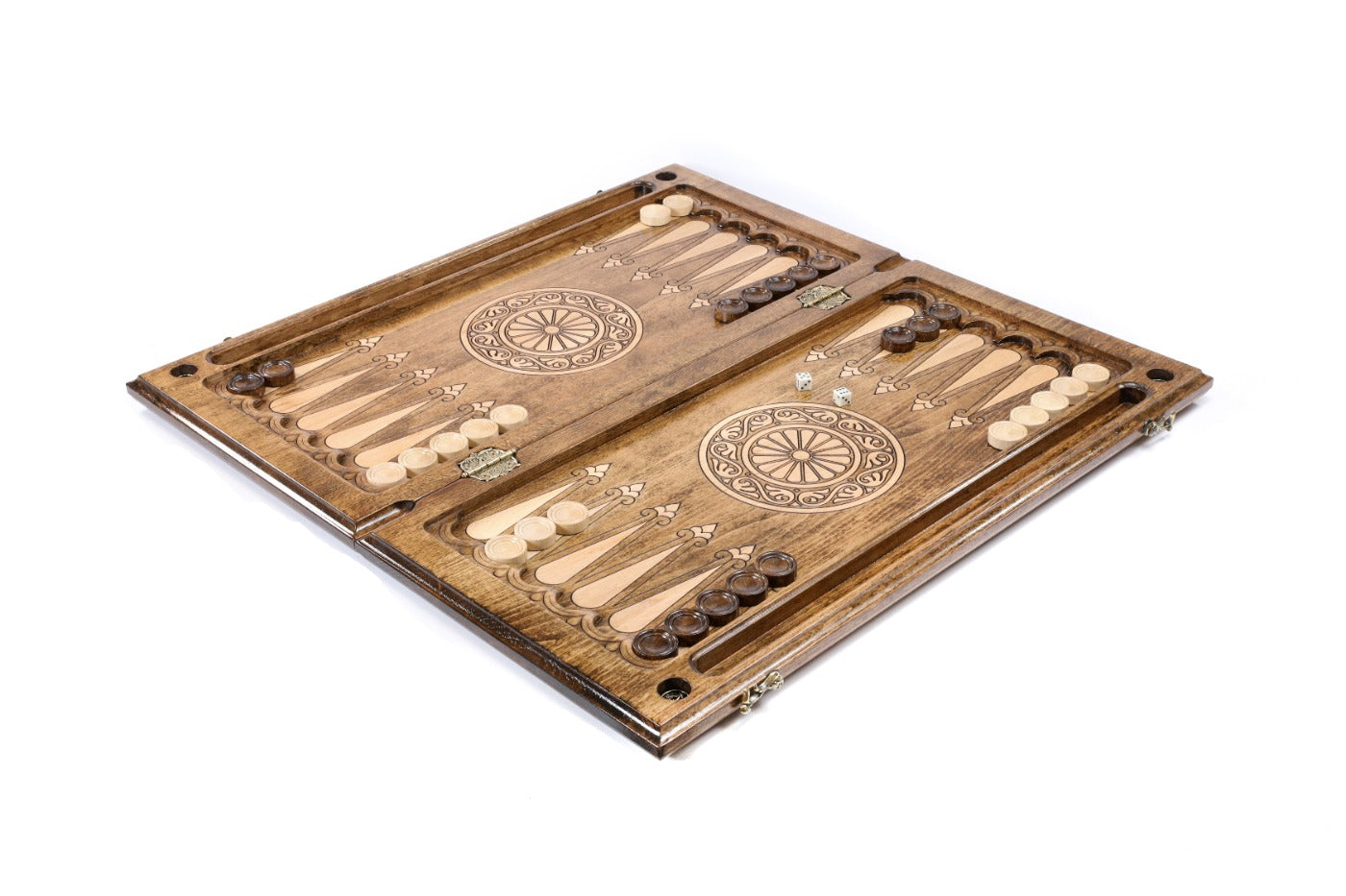 The interior view of the Hrachya Ohanyan tiger set showing the polished playing surface and hand-carved checkers.