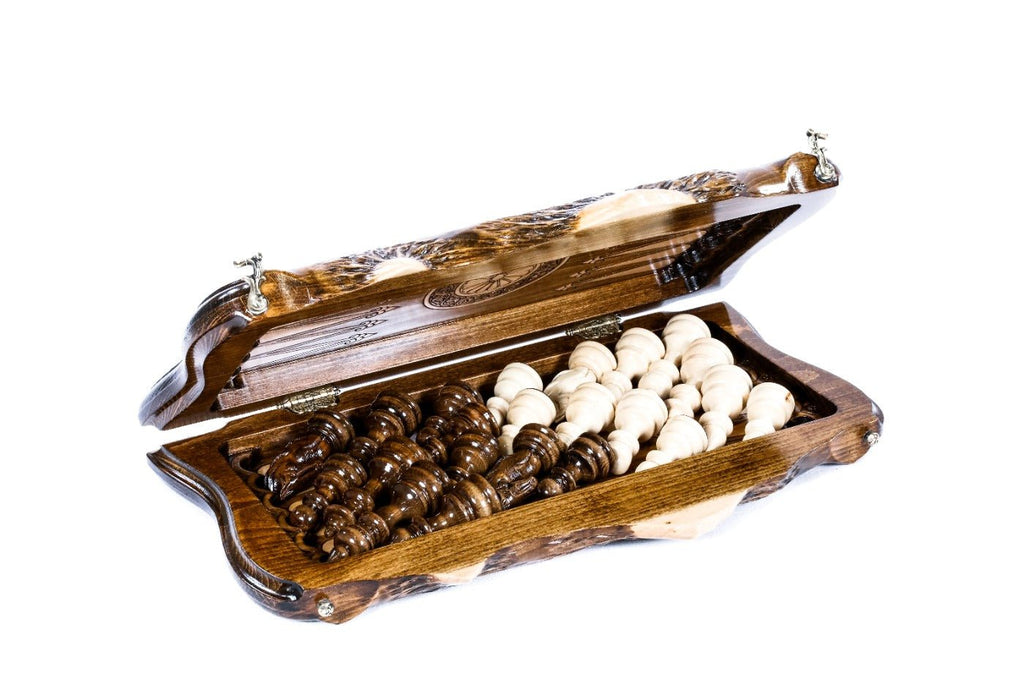 Carved Wooden Chess & Backgammon With Mount Ararat Outline 50 cm | 19.7" - Unumperfectus