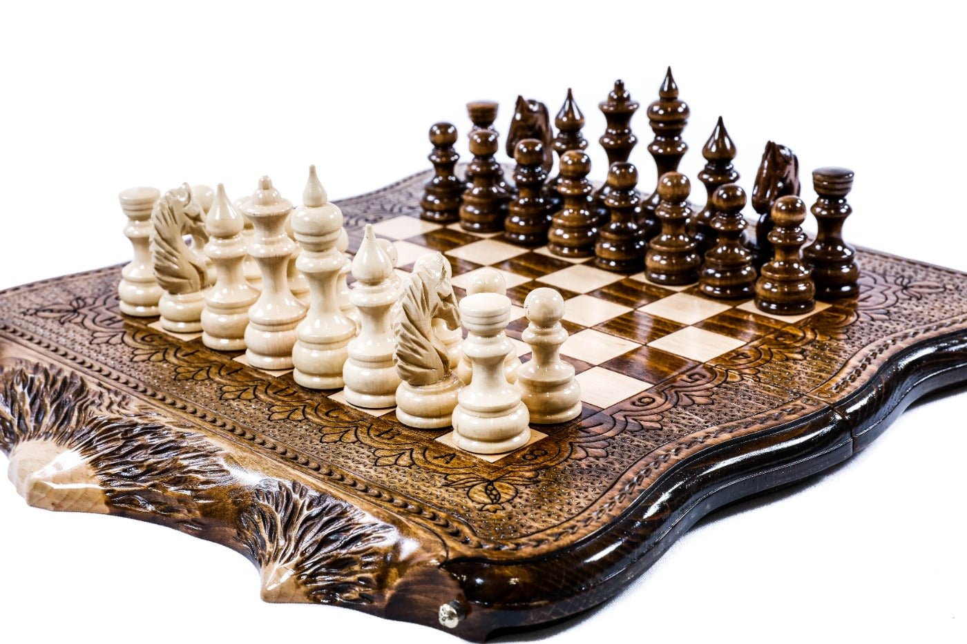 Handcrafted wooden chess set and wooden backgammon Armenian themed design
