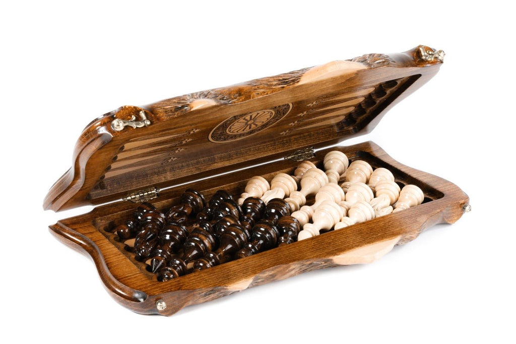 Wooden Carved Style Chess Set & Backgammon Board 40 cm | 15.6" - Unumperfectus