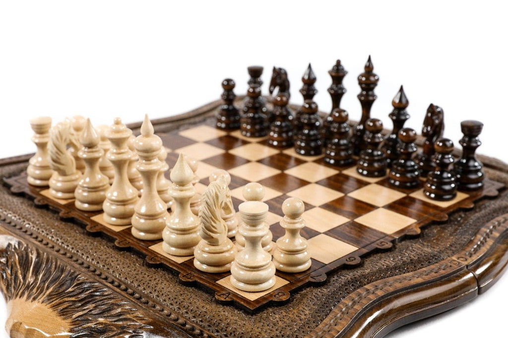Handcrafted wooden chess set and wooden backgammon Armenian themed design