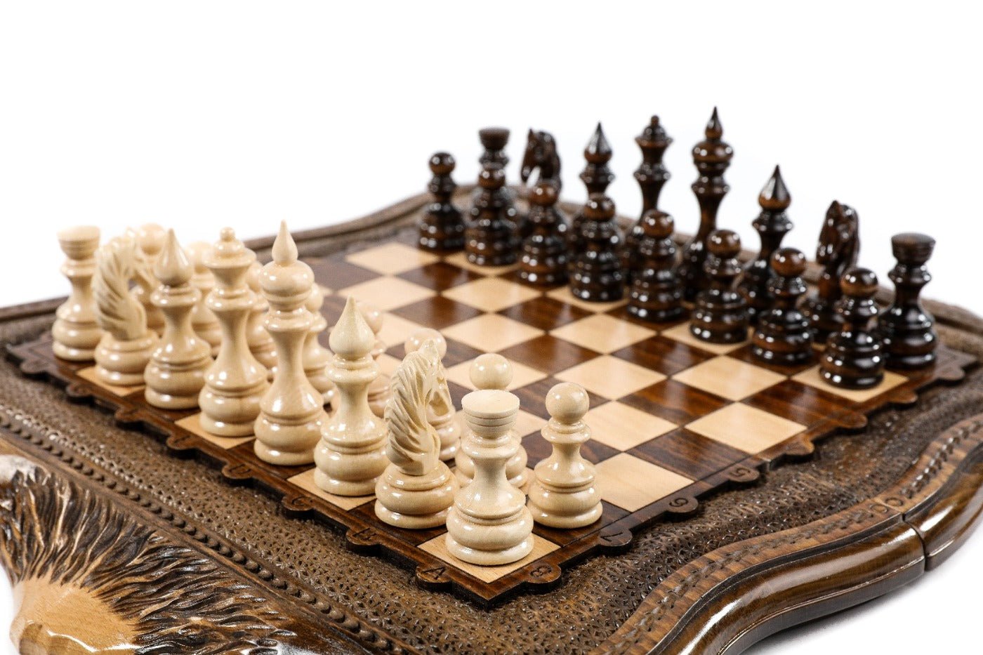Handcrafted wooden chess set and wooden backgammon Armenian themed design