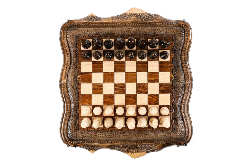 Wooden Carved Style Chess Set & Backgammon Board 40 cm | 15.6" - Unumperfectus