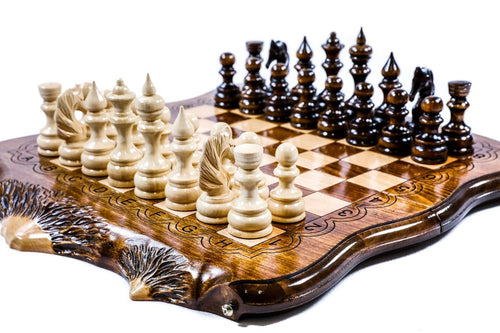 Handcrafted wooden chess set and wooden backgammon Armenian themed design