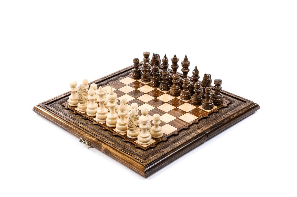 Compact classic wooden chess set and backgammon board 15.7 inch beech wood