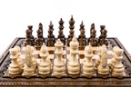 Carved chess and backgammon set - chess pieces set up for play