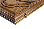 Coat of Arms of Armenia backgammon board - playing pieces and dice arranged on the board