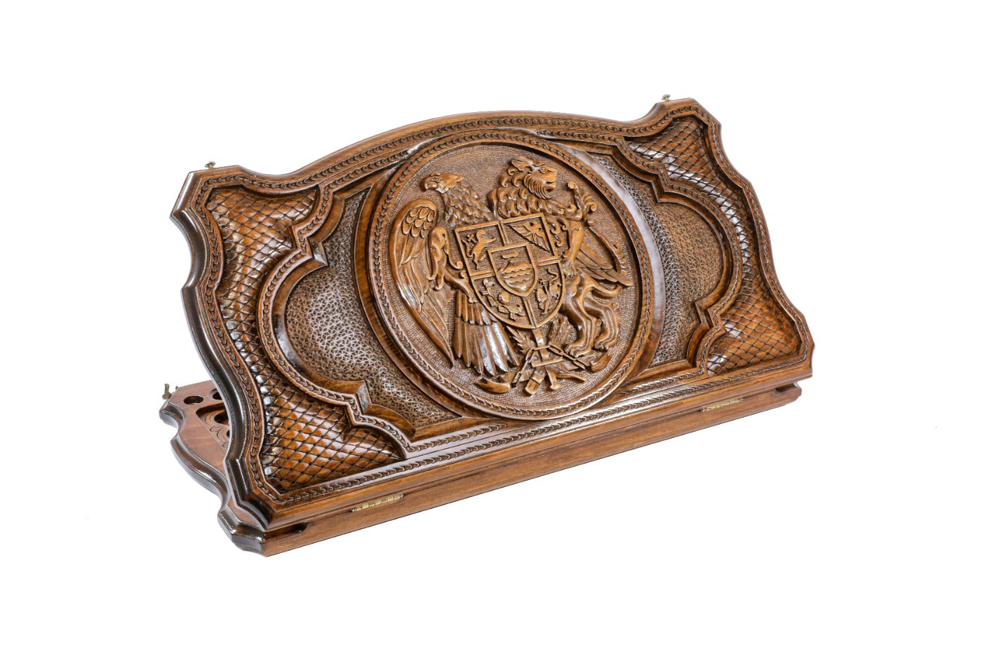 A frontal shot of the closed backgammon board showing the Armenian Coat of Arms within the unique copyrighted contour outline.