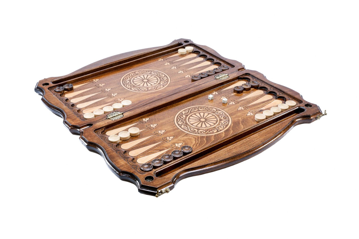 A close-up of the hand-carved heraldic details and the custom-shaped wood edges, showcasing the extreme precision of the craftsmanship.