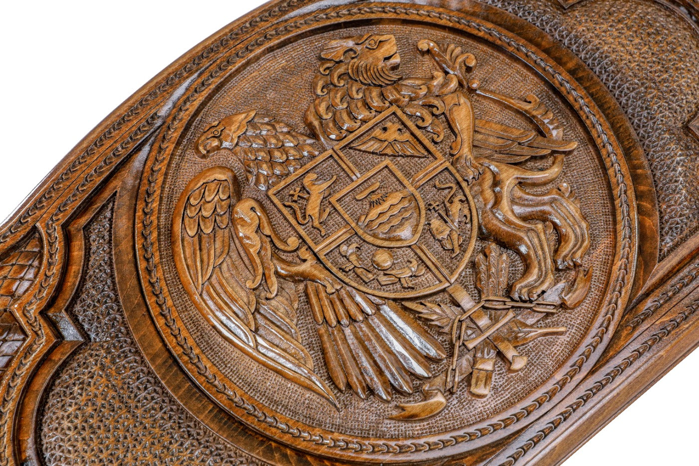 The reverse side of the board featuring the high-relief carving of the Russian Federation Double-Headed Eagle.