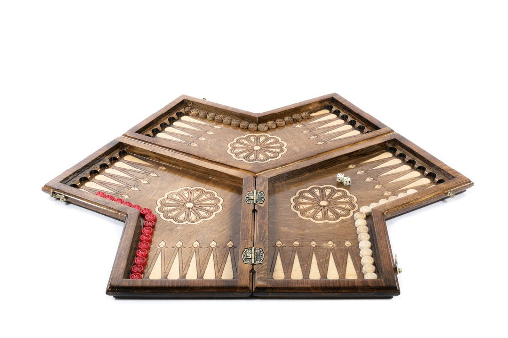Handcrafted three-player backgammon set with unique layout