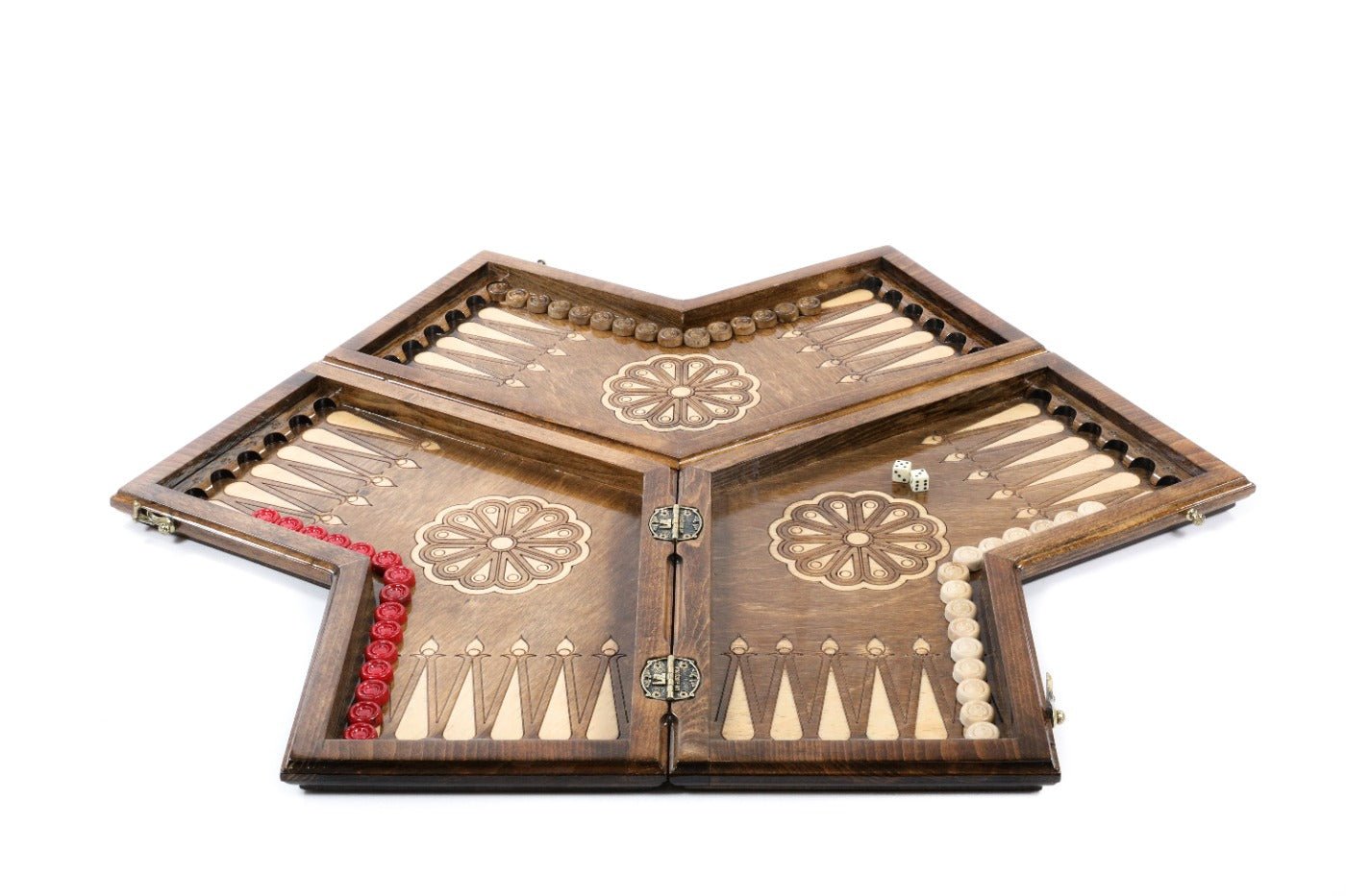 Handcrafted three-player backgammon set with unique layout