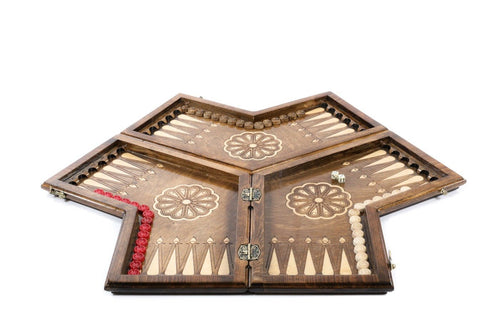 Handcrafted three-player backgammon board - three-sided layout