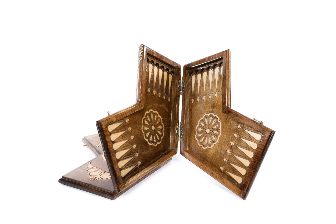 Compact wooden backgammon board designed for three-player gameplay