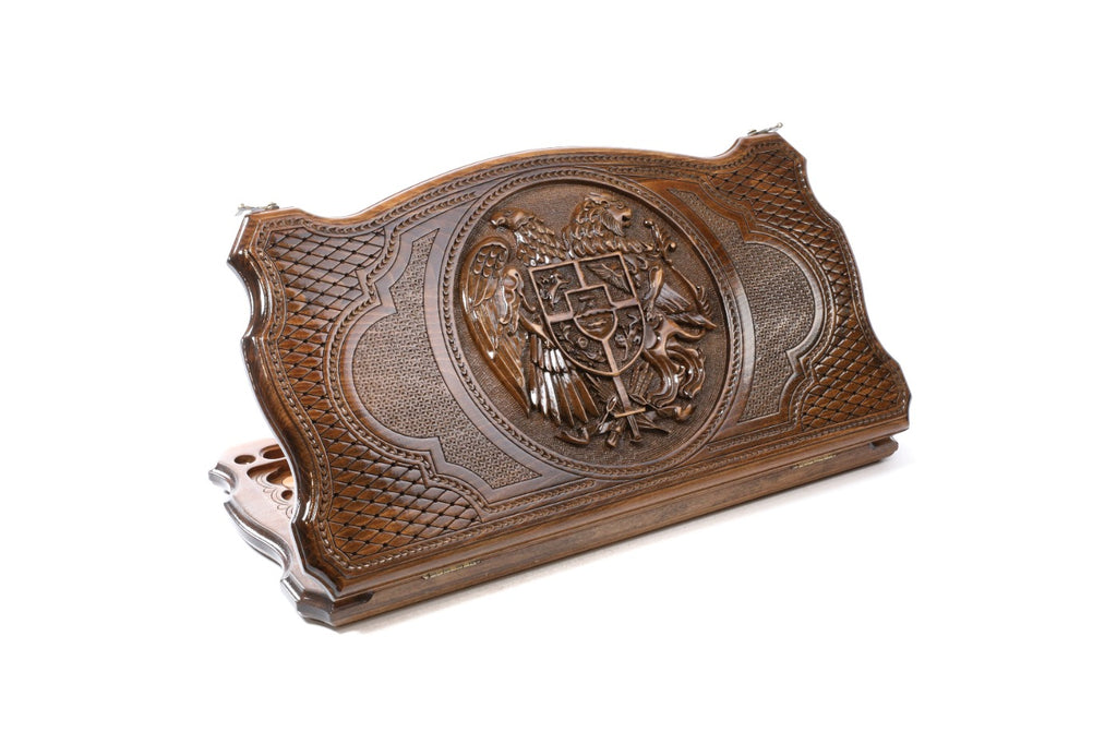 A frontal shot of the closed backgammon board showing the Armenian Coat of Arms within the unique copyrighted contour outline.