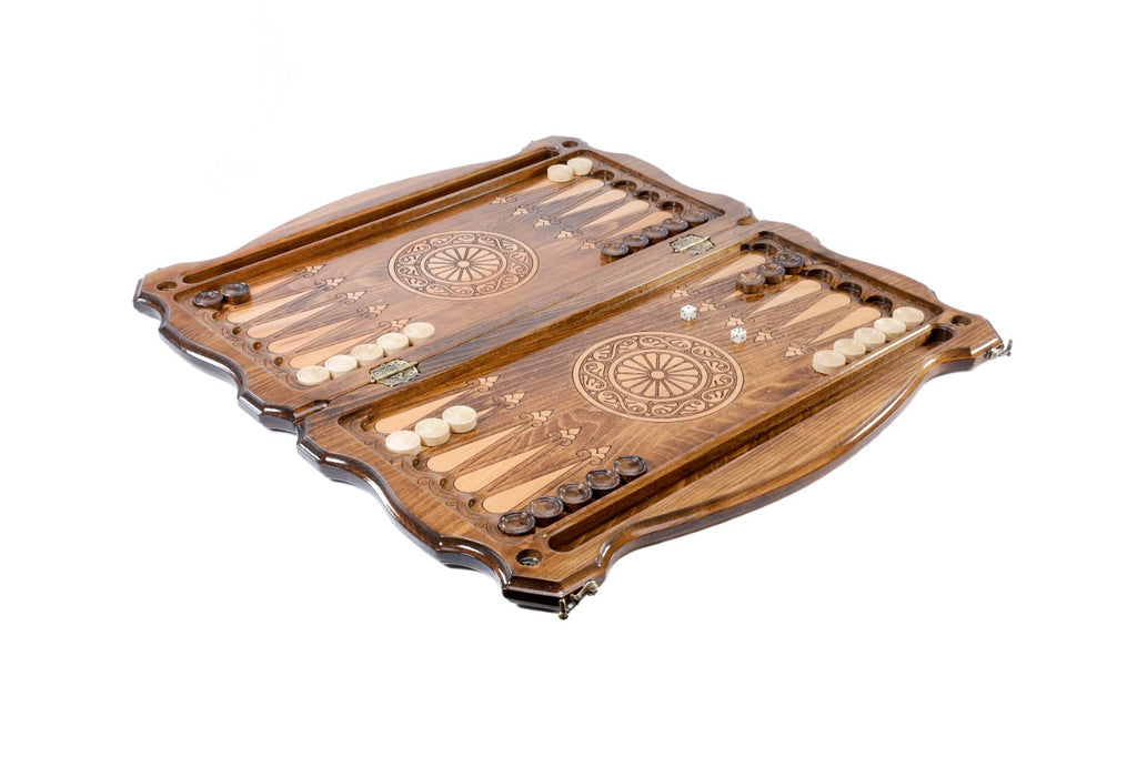 A close-up of the hand-carved heraldic details and the custom-shaped wood edges, showcasing the extreme precision of the craftsmanship.