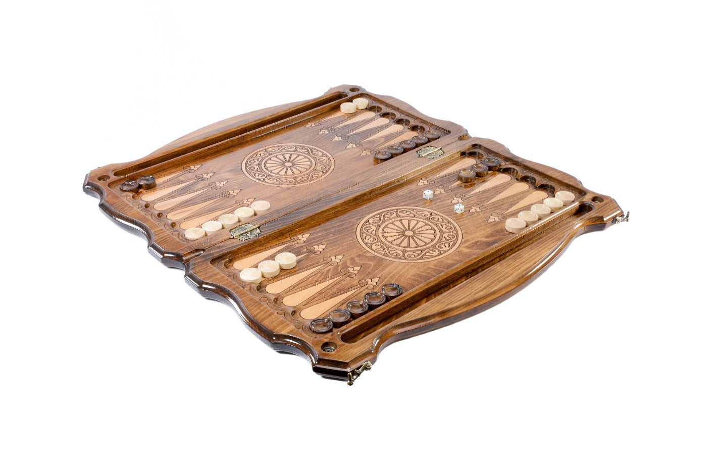 A close-up of the hand-carved heraldic details and the custom-shaped wood edges, showcasing the extreme precision of the craftsmanship.