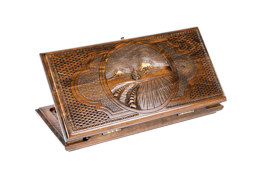 A frontal shot of the closed Mount Ararat classic backgammon board featuring high-relief hand-carved peaks.