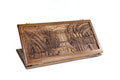 A frontal shot of the closed Armenian Alphabet backgammon board featuring high-relief hand-carved letters.
