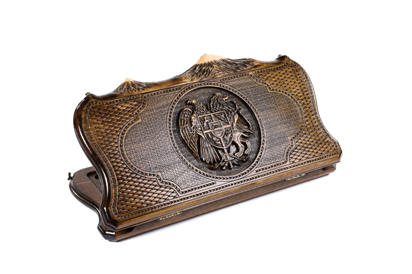 A frontal shot of the closed Armenian Coat of Arms backgammon board showing the detailed relief and the unique copyrighted Mount Ararat contour.